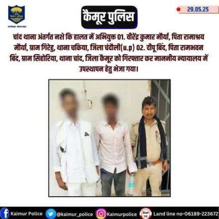 चांद थाना अंतर्गत नशे कि हालत में अभियुक्त 01. वीरेंद्र कुमार मौर्या, पिता रामाश्रय मौर्या, ग्राम गिरेहु, थाना चकिया, जिला चंदौली(u.p) 02. दीपू बिंद, पिता रामभवन बिंद, ग्राम सिहोरिया, थाना चांद, जिला कैमूर को गिरफ्तार कर माननीय न्यायालय में
