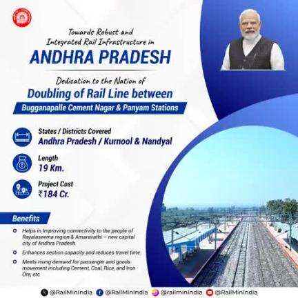 With the Dedication to the Nation Second Rail line between Bugganapalle Cement Nagar & Panyam Stations, rising demand for passenger and goods movement like Cement, Coal, Rice, and Iron Ore, etc. is possible. 
#RailInfra4AndhraPradesh