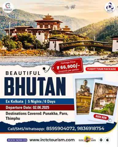 Take a trip to Bhutan with IRCTC's 5N/6D all-inclusive package and witness the beauty of Punakha and Paro at a package price starting at ₹66,900/- onwards pp*. Book Now. 
https://irctctourism.com/pacakage_description?packageCode=EHO012