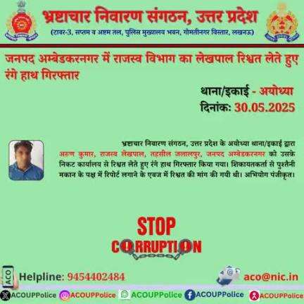 भ्रष्टाचार के विरुद्ध जीरो टालरेंसः- भ्रष्टाचार निवारण संगठन, उ0प्र0 के अयोध्या थाना/इकाई द्वारा जनपद अम्बेडकरनगर मे राजस्व लेखपाल को ₹ 10,000/- की रिश्वत लेते हुए रंगे हाथ गिरफ्तार किया गया।  हेल्पलाइन- 9454402484