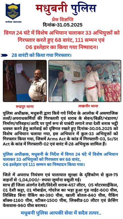 मधुबनी पुलिस द्वारा विगत 24 घंटे में विशेष अभियान चलाया गया।