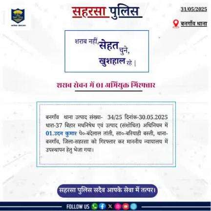 बनगांव थाना द्वारा शराब सेवन में 01 अभियुक्त को गिरफ़्तार किया गया।