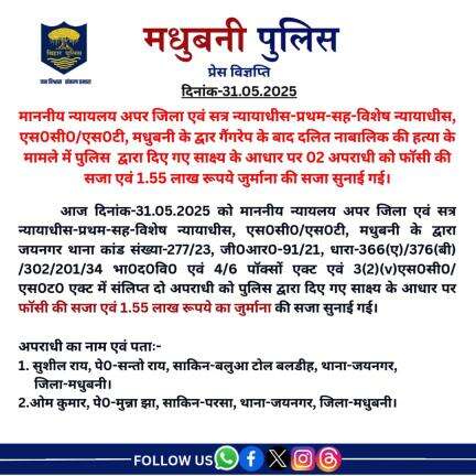 गैंगरेप के बाद दलित नाबालिक की हत्या के मामले में  02 अपराधी को फाॅसी की सजा एवं 1.55 लाख रूपये जुर्माना की सजा सुनाई गई