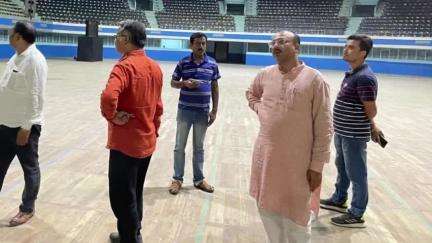 সিউড়ি ১: কলকাতাতে নেতাজি ইন্ডোর স্টেডিয়ামে স্বরাষ্ট্র মন্ত্রী সভাস্থল পরিদর্শনে উপস্থিত বীরভূম জেলা BJP সভাপতি