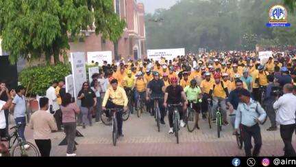 Union Minister Mansukh Mandviya participates in a special edition of Fit India Sundays On Cycle initiative in Delhi