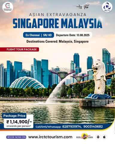 Get on the IRCTC's "Asian Extravaganza Singapore Malaysia" 5N/6D tour package, starting at Rs. 1,14,900/—onwards pp*. Hurry! Secure your seat today.
https://www.irctctourism.com/pacakage_description?packageCode=SMO29