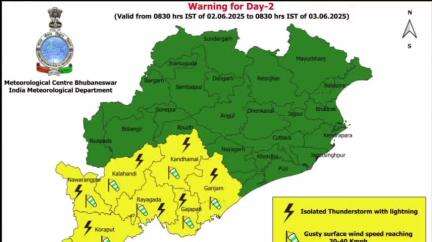 ସଦର: ଆସନ୍ତା ୨ ଓ ୩ ତାରିଖ ପାଇଁ କଳାହାଣ୍ଡି ଜିଲ୍ଲାକୁ  ଝଡବର୍ଷା,ବଜ୍ରପାତ, ଝଡ଼ତୋଫାନ ସହ ପବନ ବହିବାର ନେଇ  ୟେଲୋ ୱାର୍ଣ୍ଣି ଜାରୀ