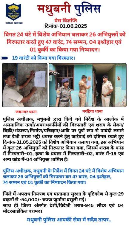 मधुबनी पुलिस द्वारा विगत 24 घंटे में विशेष अभियान चलाया गया।