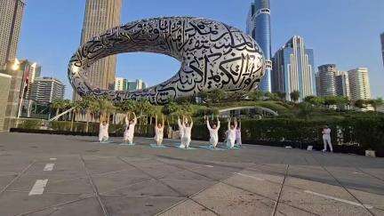 Members of the Arab Region Yoga Instructor Council, Dubai, practising yoga at the world's most complex structures.