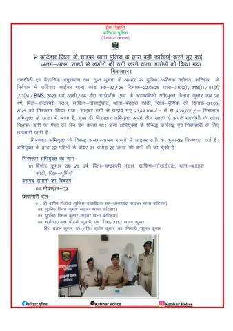 कटिहार जिला के साइबर थाना पुलिस द्वारा बड़ी कार्रवाई करते हुए कई अलग-अलग राज्यों से करोड़ो की ठगी करने वाला आरोपी को किया गया गिरफ्तार I