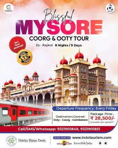 Get ready to experience the pristine charms of Mysore, Ooty, Coorg, and Coimbatore on an all-inclusive IRCTC tour. Book today and enjoy this exceptional 8N/9D package, starting at ₹28,500/—onwards pp*