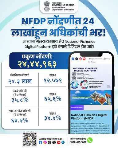 NFDP वर २४ लाखांहून अधिक नोंदण्या! 
भारताच्या मत्स्य क्षेत्रात डिजिटल क्रांती!
राष्ट्रीय मत्स्यिकी डिजिटल प्लॅटफॉर्म (NFDP) वर आता २४.४ लाखांहून अधिक व्यक्ती व संस्थांनी नोंदणी केली आहे.