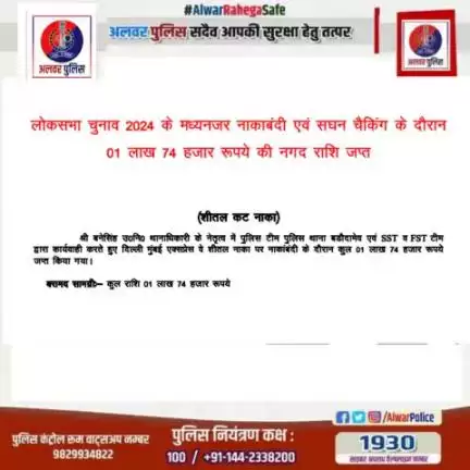 #अलवर_पुलिस_सदैव_आपकी_सुरक्षा_हेतु_तत्पर
लोकसभा चुनाव 2024 के मध्यनजर नाकाबंदी एवं सघन चैकिंग के दौरान 1,74000 रुपए की नगद राशि जप्त।
#PoliceRajasthan 
#IgpJaipur 
#News18Rajasthan