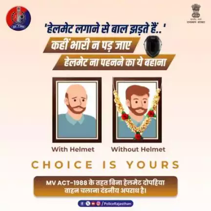 'हेलमेट है आपका सच्चा साथी'

हर रोज जो बनाते हैं #हेलमेट न पहनने का बहाना...उसका तय है तस्वीर पर आना।

मोटर व्हीकल एक्ट-1988 के तहत बिना हेलमेट दोपहिया वाहन च