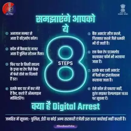 साइबर अपराधी #DigitalArrest का डर दिखाकर कर रहे हैं ठगी। ऑनलाइन ही घर में करते हैं कैद और मोटी रकम की करते हैं मांग। पुलिस, ईडी के नाम का दिखाते हैं डर, उनके झांसे में ना आएं। तुरंत https://cybercrime.gov.in या साइबर हेल्पलाइन 1930 से करें स
