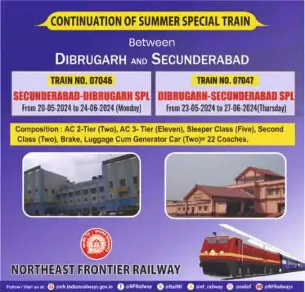 Services of special trains between Dibrugarh and Secunderabad extended by one more month for the benefit of passengers.