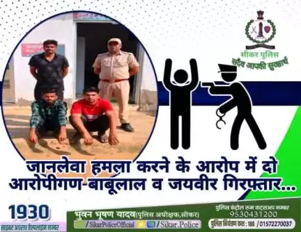 #सीकर 
◾जानलेवा हमला करने के आरोप में दो आरोपीगण बाबूलाल व जयवीर गिरफ्तार...
#थाना_धोद 
#TeamSikarPolice