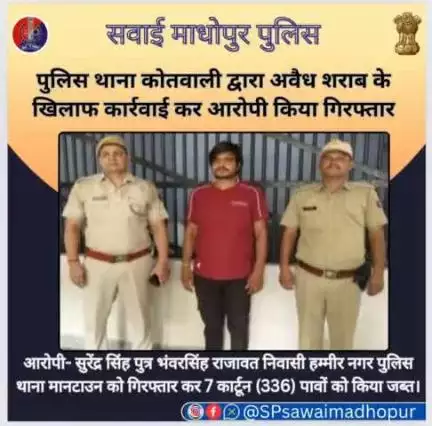 #SawaiMadhopur पुलिस थाना कोतवाली की अवैध शराब के विरुद्ध कार्रवाई अवैध शराब के 336 पब जप्त एक आरोपी गिरफ्तार।