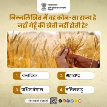 कृषि क्विज में हिस्सा लें व परखें अपना ज्ञान!
. 
निम्नलिखित में वह कौन-सा राज्य है जहाँ गेहूँ की खेती नहीं होती है? कृपया अपना जवाब कमेंट में साझा करें।

#AgriGoI #agriquiz #QuizOfTheDay