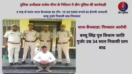 9 माह से फरार थाना कैथवाडा का टॉप- 10 एवं 5000 रूपये का ईनामी अपराधी बच्चु गुर्जर निवासी बाढ गिरफ्तार