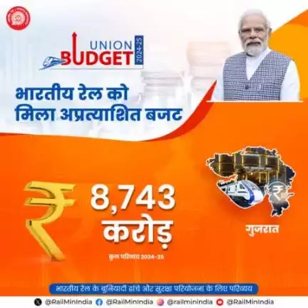 गुजरात को आम बजट 2024-25 में रेल इन्फ्रास्ट्रक्चर के विकास के लिए 8,743 करोड़ रुपये आवंटित किए गए।
#RecordBudget4Rail