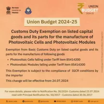 Customs Duty exemption on listed capital goods & its parts for the manufacturer of photovoltaic cells and photovoltaic modules
#UnionBudget2024  #BudgetForViksitBharat #Budget2024