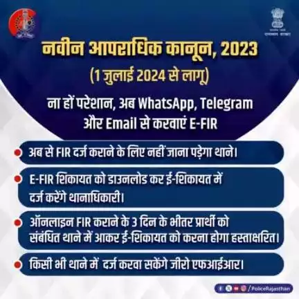 #नवीन_आपराधिक_कानून 2023 के अंतर्गत #WhatsApp, #Telegram और #Email से भी करा सकेंगे E-FIR.

ऑनलाइन #FIR कराने के 3 दिन के भीतर प्रार्थी को संबंधित थाने में आकर ई-शिकायत को करना होगा हस्ताक्षरित।