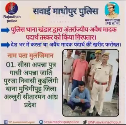 #sawaimadhopurpolice पुलिस थाना खंडार द्वारा अंतराज्यीय अवैध मादक पदार्थ तस्कर को किया गिरफ्तार।
देश भर में करता था अवैध मादक पदार्थ की खरीद फरोख्त।