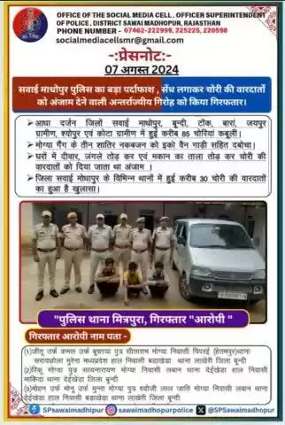 #sawaimadhopurpolice सवाई माधोपुर पुलिस का बड़ा पर्दाफाश सेंध लगाकर चोरी की वारदातों को अंजाम देने वाली अंतर्राज्यीय गिरोह को किया गिरफ्तार।
पुलिस थाना मित्रपुरा ने मोगिया गैंग का किया पर्दाफाश।
आधा दर्जन जिलों में 85 से अधिक चोरियां करना क