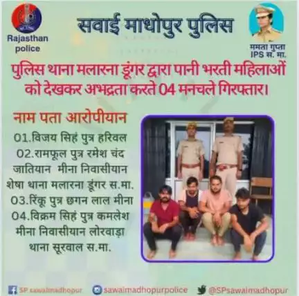 #sawaimadhopurpolice पुलिस थाना मलारना डूंगर द्वारा पानी भरती महिलाओं को देखकर अभद्रता करते व फब्तियां कसते 04 मनचले गिरफ्तार।