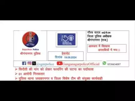 #जवाहरनगर_पुलिस
SSB रोड पर फिरौती की मांग को लेकर फायरिंग प्रकरण की वारदात का पर्दाफाश कर 01 आरोपी को गिरफ्तार किया।