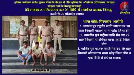03 साइबर ठग गिरफतार कर 01 विधि से संघर्षरत बालक निरूद्व, कब्‍जे से 06 मोबाईल बरामद