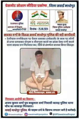 #राजस्थान_पुलिस सवाई माधोपुर पुलिस साइबर ठगी के विरुद्ध बड़ी कार्यवाही।
टेलीग्राम एप्लीकेशन पर चैनल के माध्यम से रुपए दुगने तीन गुने करने का झांसा देकर ठगी करने वाला अजय कुमार शर्मा निवासी कावड़ गिरफ्तार एवं विधि से संघर्षरत बालक निरुद्ध ।