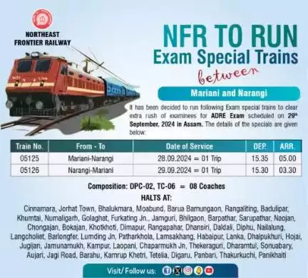 Northeast Frontier Railway is running special trains for the benefit of the examinees of the proposed ADRE exam to be held on 29.09.2024 in Assam.