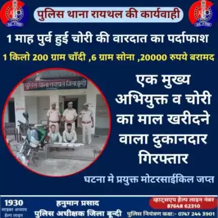 फरार वांछित अपराधियो के विरुद्ध #बून्दी_पुलिस की लगातार कार्यवाही जारी
    
1 माह पुर्व हुई चोरी की वारदात का पर्दाफाश
      
एक अभियुक्त व चोरी का माल खरिदने वाला दुकानदार गिरफ्तार