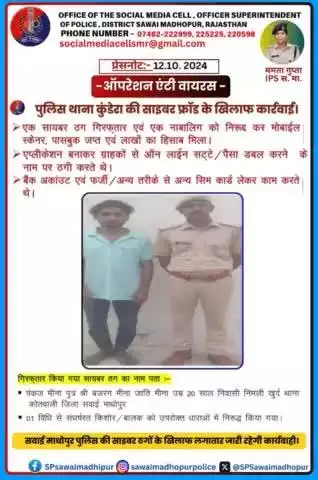 #सवाईमाधोपुर_पुलिस पुलिस थाना कुंडेरा की साइबर फ्रॉड के खिलाफ कार्यवाही एक साइबर ठग गिरफ्तार, 01 नाबालिक को निरुद्ध कर मोबाइल,स्कैनर,पासबुक जप्त एवं लाखों का हिसाब मिला।