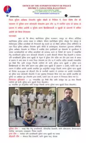 जिला पुलिस अधीक्षक जैसलमेर सुधीर चौधरी के निर्देशन में, जिला विशेष टीम की सहायता से पुलिस थाना कोतवाली जैसलमेर द्वारा टाॅप 10 में चयनित हत्या के प्रयास के प्रकरण में वांछित आरोपी व पुलिस थाना झिनझिनयाली व खुहड़ी के प्रकरणों में वांछित आरोपी