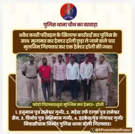 #सवाईमाधोपुर_पुलिस पुलिस थाना चौथ का बरवाड़ा द्वारा पुलिस के साथ मुजामत ट्रैक्टर ट्रॉली छुड़ा ले जाने वाले चार आरोपी गिरफ्तार कर 01 ट्रेक्टर ट्रॉली को किया जप्त।
