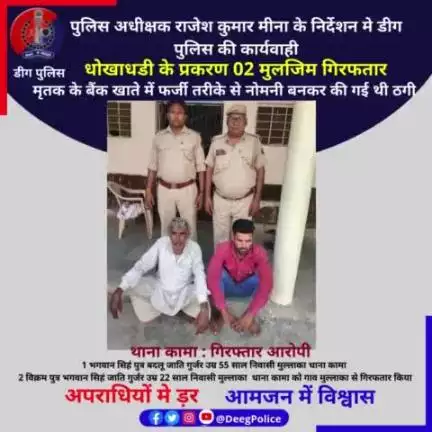 मृतक के बैंक खाते में फर्जी तरीके से नोमनी बनकर की गई थी ठगी के प्रकरण मे 02 मुलजिम गांव मुल्‍लाका कामां से गिरफतार