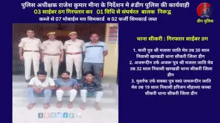 03 साईबर ठग गिरफ्तार कर   01 विधि से संघर्षरत  बालक  निरूद्व
कब्‍जे से 07 मोबाईल मय सिमकार्ड  व 02 फर्जी सिमकार्ड जब्‍त