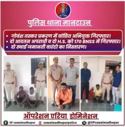 #रात्रिकालीनगश्त पुलिस थाना मानटाउन की कार्यवाही।
गोवंश तस्कर प्रकरण में वांछित अभियुक्त गिरफ्तार। 02 आदतन अपराधी  व 2 HS को  किया गिरफ्तार एवं 2 स्थाई वारंट का निस्तारण ।