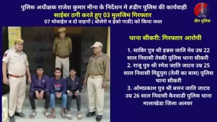 डीग पुलिस द्वारा साईबर ठगी करते हुए 03 मुलजिम गिरफ्तार, 07 मोबाईल व दो वाहनों ( बोलेरो व ईको गाडी) को किया जब्त