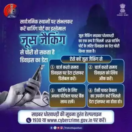 सार्वजनिक स्थानों पर डिवाइस चार्जिंग के दौरान हो सकता है डेटा चोरी।  

जूस जैकिंग के नाम से जानी जाने वाली इस धोखाधड़ी में चार्जिंग पोर्ट डेटा कनेक्शन के लिए भी इस्तेमाल हो सकता है जबकि पीड़ित को लगता है कि वह केवल चार्जिंग पोर्ट है।