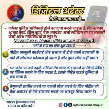 #पुलिससवाईमाधोपुर डिजिटल अरेस्ट एक साइबर ठगी है इसे समझें और सतर्क रहे।
साइबर ठग गिरफ्तारी का डर दिखाकर पीड़ित को जाल में फसता है ।
 1. पीड़ित कानूनी कार्रवाई और समाज में होने वाली बदनामी के बारे में सोचकर परेशान हो जाता है और कुछ नहीं सोच