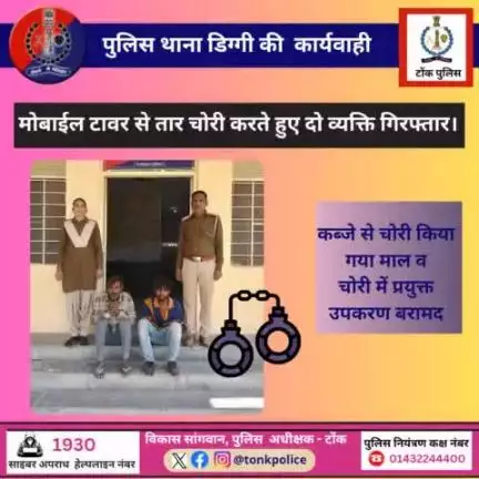 मोबाईल टावर से तार चोरी करते हुए दो व्यक्ति गिरफ्तार।