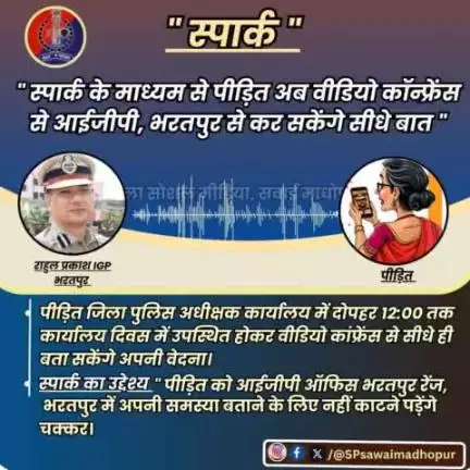 #पुलिससवाईमाधोपुर आईजीपी भरतपुर रेंज भरतपुर की पीड़ित को वीडियो कॉनफरेंस के  जरिए सुनवाई की व्यवस्था जिसे "स्पार्क" नाम दिया गया है ।
"स्पार्क" के माध्यम से पीड़ित अब जिला पुलिस अधीक्षक कार्यालय में उपस्थित होकर वीडियो कॉनफरेंस के माध्यम से