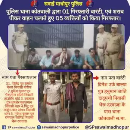 #सवाईमाधोपुर_पुलिस पुलिस थाना कोतवाली द्वारा 01 गिरफ्तारी वारंटी एवं शराब पीकर वाहन चलाते हुए 05 व्यक्तियों को किया गिरफ्तार।