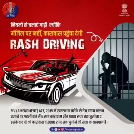 तेज और RASH DRIVING के कारण होती हैं अधिकांश सड़क दुर्घटनाएं, इसलिए ड्राइविंग करते समय वाहन को निर्धारित गति सीमा में रखें।