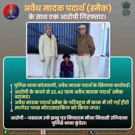 #पुलिससवाईमाधोपुर पुलिस थाना कोतवाली द्वारा अवैध मादक पदार्थ के खिलाफ कार्यवाही ।
 आरोपी के कब्जे से 22.42 ग्राम अवैध मादक पदार्थ स्मेक बरामद ।