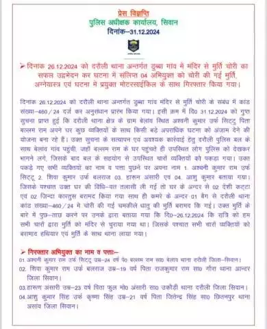 दरौली थाना कांड सं0 406/24 का सफल उद्भेदन।